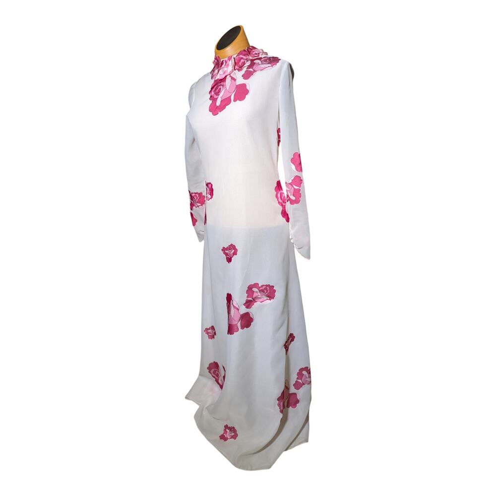 Vtg 1960s Ivory Pink Rose Floral Applique Mock Neck Sheer Glam Maxi Dress Sz 6